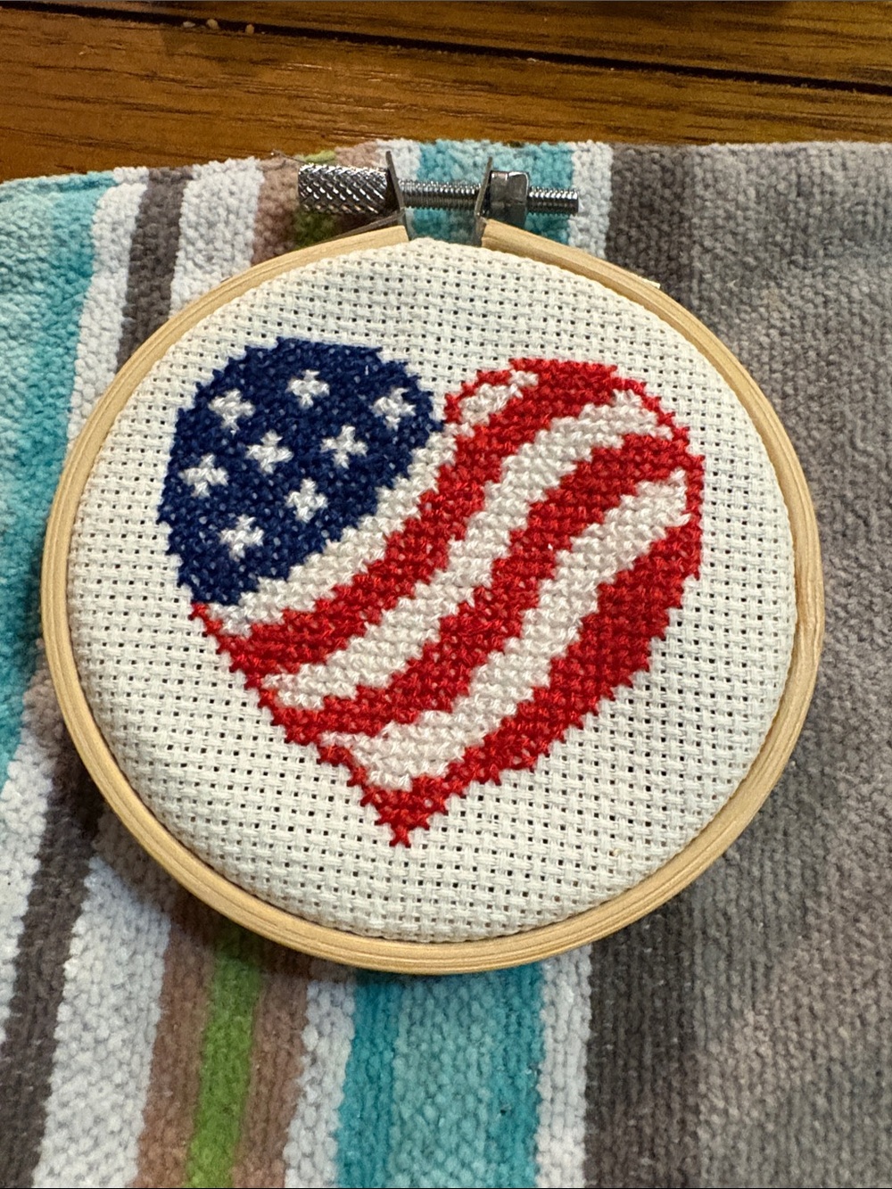 Patriotic Heart Cross Stitch Hoop - Red, White & Blue